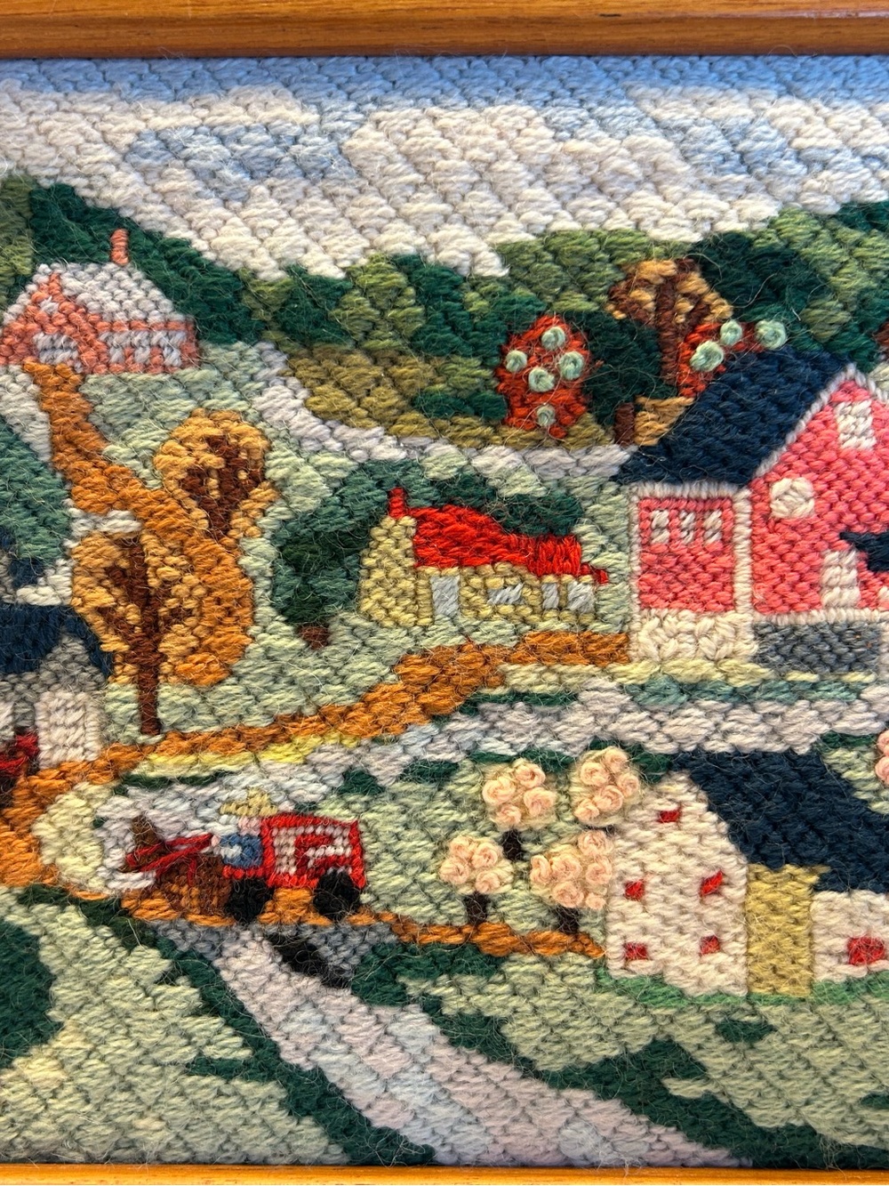 Vintage Handcrafted Hooked Rug Wall Art - Countryside Scene. Teak wood frame - Picture 3 of 12